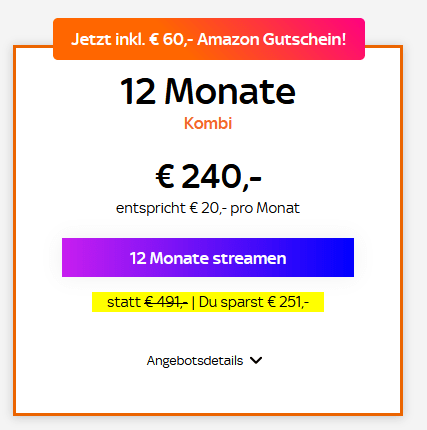 Sky X Sport & Fiction für nur 240 € inkl. 60 € Amazon Gutschein