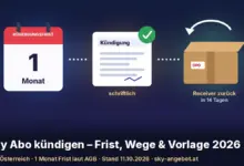 Illustration in drei Schritten: ein Kalenderblatt „Kündigungsfrist 1 Monat“, ein Brief mit der Überschrift „Kündigung“ und Häkchen („schriftlich“) und ein Paket mit Rückpfeil („Receiver zurück in 14 Tagen“). Text: „Sky Abo kündigen – Frist, Wege & Vorlage 2026“