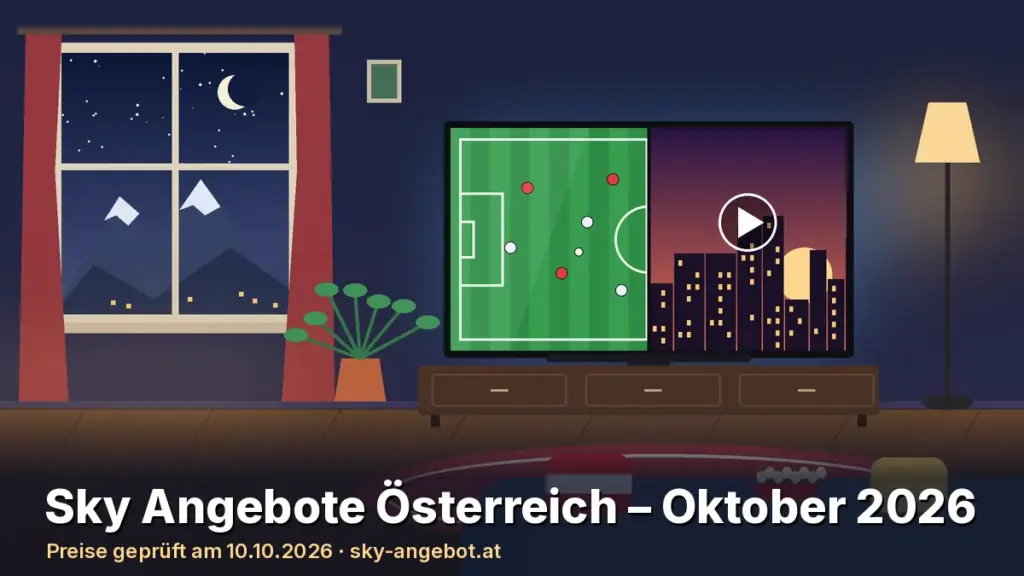 Illustration eines gemütlichen Wohnzimmers am Abend mit Blick auf verschneite Berge, Fernseher mit Fußballspiel und Film, darunter der Text „Sky Angebote Österreich – Oktober 2026“