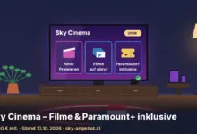 Illustration eines Wohnzimmers mit Fernseher: Auf dem Bildschirm steht „Sky Cinema“ mit drei Kacheln für „Kino-Premieren“, „Filme auf Abruf“ und „Paramount+ inklusive“. Text: „Sky Cinema – Filme & Paramount+ inklusive“