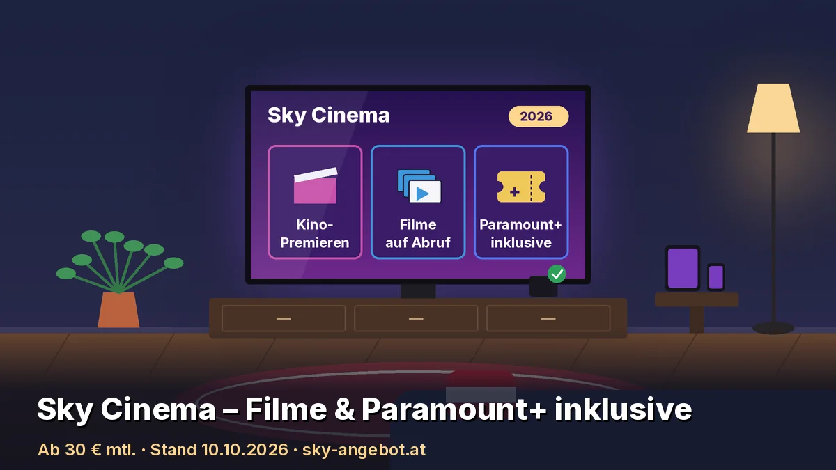 Illustration eines Wohnzimmers mit Fernseher: Auf dem Bildschirm steht „Sky Cinema“ mit drei Kacheln für „Kino-Premieren“, „Filme auf Abruf“ und „Paramount+ inklusive“. Text: „Sky Cinema – Filme & Paramount+ inklusive“