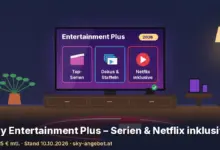 Illustration eines Wohnzimmers mit Fernseher: Auf dem Bildschirm steht „Entertainment Plus“ mit drei Kacheln für „Top-Serien“, „Dokus & Staffeln“ und „Netflix inklusive“. Text: „Sky Entertainment Plus – Serien & Netflix inklusive“