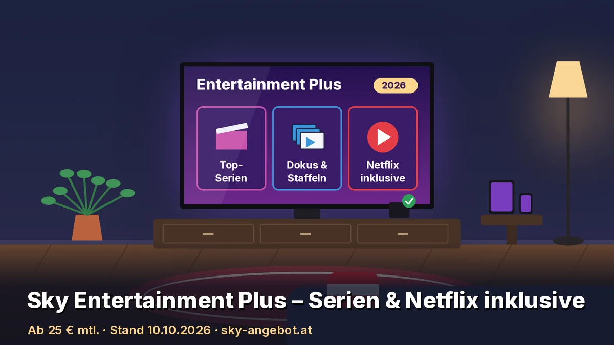 Illustration eines Wohnzimmers mit Fernseher: Auf dem Bildschirm steht „Entertainment Plus“ mit drei Kacheln für „Top-Serien“, „Dokus & Staffeln“ und „Netflix inklusive“. Text: „Sky Entertainment Plus – Serien & Netflix inklusive“