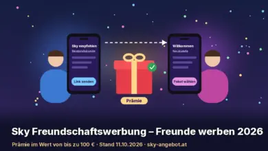 Illustration: Links eine Person mit Smartphone „Sky empfehlen – Link senden“, rechts eine Person mit Smartphone „Willkommen – Paket wählen“, dazwischen ein Geschenk mit der Aufschrift „Prämie“. Text: „Sky Freundschaftswerbung – Freunde werben 2026“
