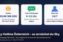 Drei Kontaktkarten: Telefon 01/49 166 200, Vertrag & Kündigung Mo–So 8–22 Uhr; Chat & WhatsApp, Kunden-Chat auf sky.at täglich 8–22 Uhr; Mein Sky 24/7, Rechnung, Umzug und Daten online selbst erledigen. Text: „Sky Hotline Österreich – so erreichst du Sky. Unabhängige Übersicht – sky-angebot.at ist nicht der Sky Kundenservice“