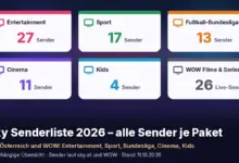 Sechs Paketkarten mit der Zahl der Sender: Sky Entertainment 27 Sender, Sky Sport 17 Sender, Sky Fußball-Bundesliga 13 Sender, Sky Cinema 11 Sender, Sky Kids 4 Sender, WOW Filme & Serien 26 Live-Sender. Text: „Sky Senderliste 2026 – alle Sender je Paket“