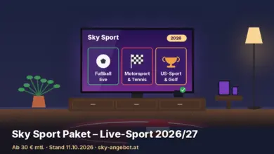 Illustration eines Wohnzimmers mit Fernseher: Auf dem Bildschirm steht „Sky Sport“ mit drei Kacheln für „Fußball live“, „Motorsport & Tennis“ und „US-Sport & Golf“. Text: „Sky Sport Paket – Live-Sport 2026/27“