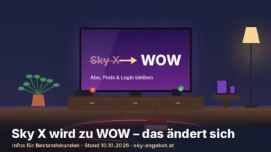 Illustration eines Wohnzimmers mit Fernseher: Der durchgestrichene Schriftzug „Sky X“ wird per Pfeil zu „WOW“, darunter „Abo, Preis & Login bleiben“; eine alte Streaming-Box ist mit einem roten X markiert, ein Streaming-Stick mit grünem Haken. Text: „Sky X wird zu WOW – das ändert sich“