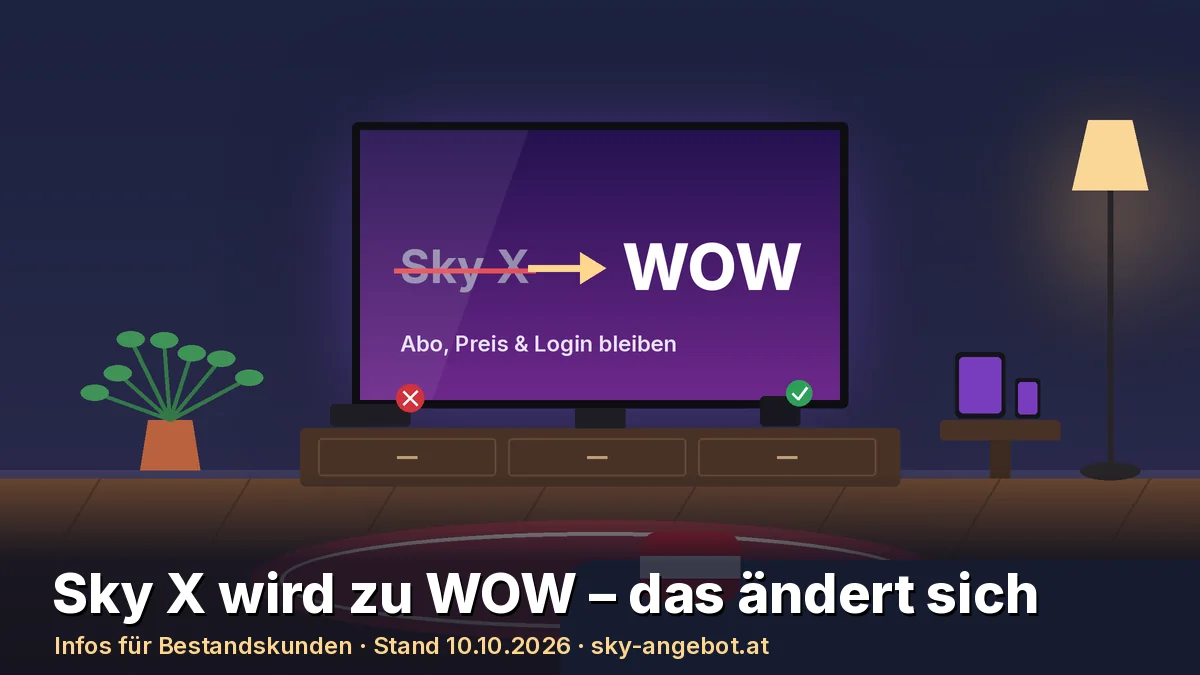 Illustration eines Wohnzimmers mit Fernseher: Der durchgestrichene Schriftzug „Sky X“ wird per Pfeil zu „WOW“, darunter „Abo, Preis & Login bleiben“; eine alte Streaming-Box ist mit einem roten X markiert, ein Streaming-Stick mit grünem Haken. Text: „Sky X wird zu WOW – das ändert sich“