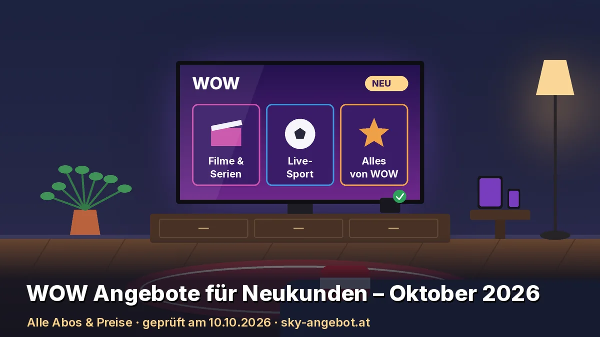 Illustration eines Wohnzimmers mit Fernseher: Auf dem Bildschirm steht „WOW“ mit dem Hinweis „NEU“ und drei Kacheln für „Filme & Serien“, „Live-Sport“ und „Alles von WOW“. Text: „WOW Angebote für Neukunden – Oktober 2026“