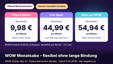 Drei Preiskarten für das WOW Monatsabo: Filme & Serien 9,98 €, Live-Sport 44,99 € und Alles von WOW 54,94 € pro Monat, darüber die Hinweise „1 Monat Mindestlaufzeit“ und „danach monatlich kündbar“, darunter „WOW Premium: + 6 € mtl.“. Text: „WOW Monatsabo – flexibel ohne lange Bindung“